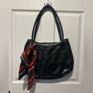 Alchemy Goods Zippered Black Women's Tote Shoulder Bag with Vintage Scarf Accent